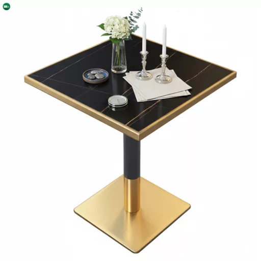 Bisztró asztal étkezőbe, fekete márvány/fekete/arany, 70x70 cm, PRESTON