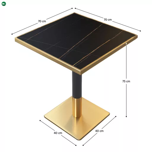 Bisztró asztal étkezőbe, fekete márvány/fekete/arany, 70x70 cm, PRESTON