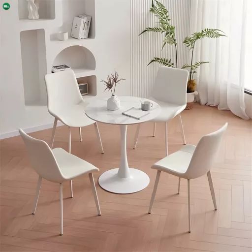 Étkezőasztal, világos márvány/fehér, átmérő 80 cm, LORIAN