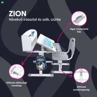 Növekvő íróasztal és szék, szürke/fehér, set ZION