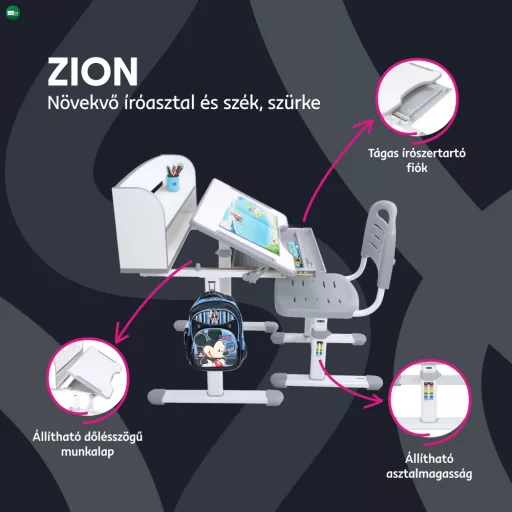 Növekvő íróasztal és szék, szürke/fehér, set ZION