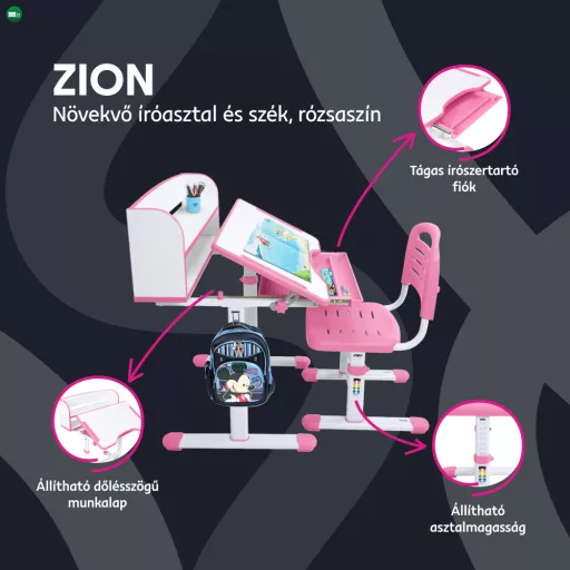 Növekvő íróasztal és szék, rózsaszín/fehér, set ZION