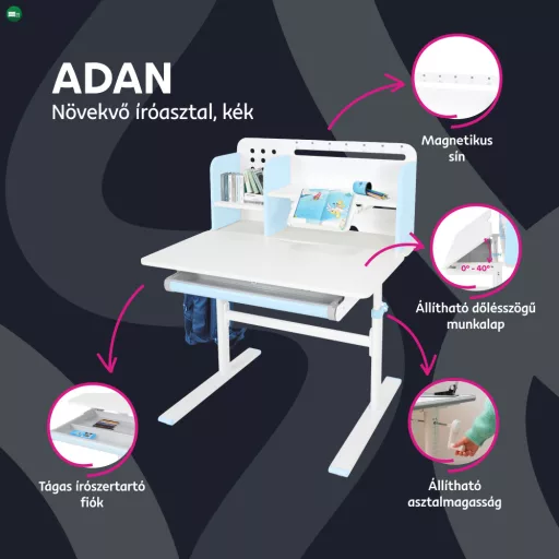 Növekvő íróasztal, kék/fehér, ADAN