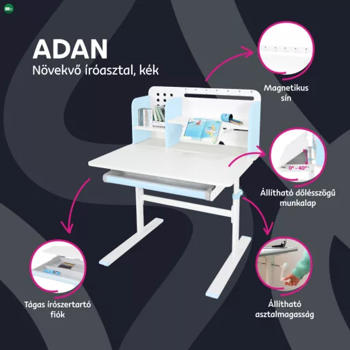 Növekvő íróasztal, kék/fehér, ADAN