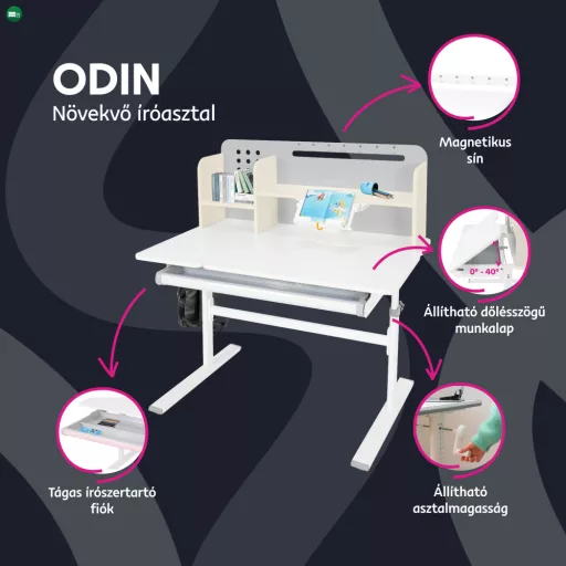Növekvő íróasztal, szürke/fehér, ODIN