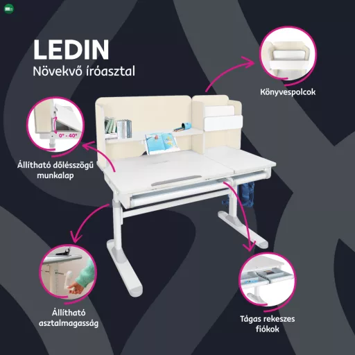 Növekvő íróasztal, natúr/fehér, LEDIN