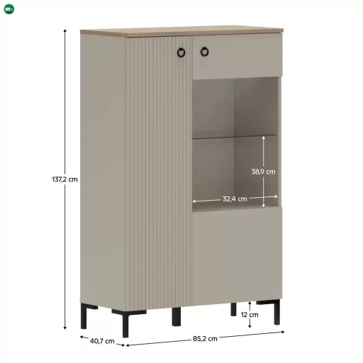 Alacsony vitrin, szürkésbarna Taupe/silverjack tölgy, DOMCA 1D1W/140