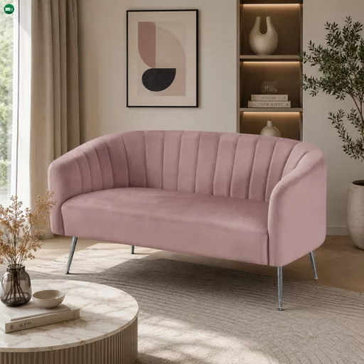 Design kétszemélyes kanapé, rózsaszín Velvet szövet/króm-ezüst, BAGY