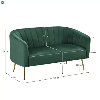   Design kétszemélyes kanapé, sötétzöld Velvet szövet/gold króm-arany, BAGY