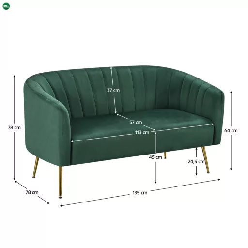 Design kétszemélyes kanapé, sötétzöld Velvet szövet/gold króm-arany, BAGY