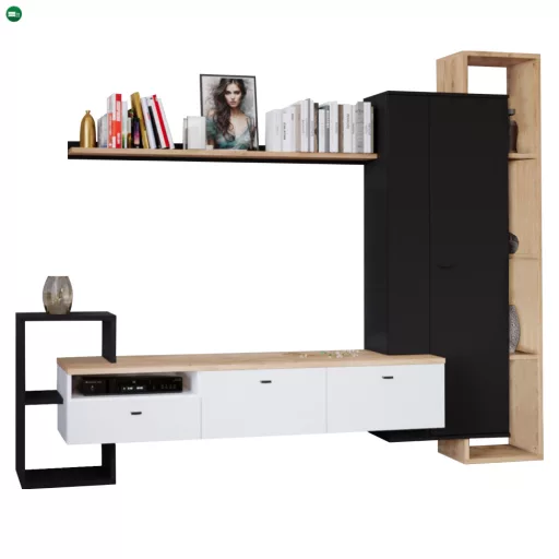 Nappali fal, fekete/fehér/arany craft tölgy, DENISO