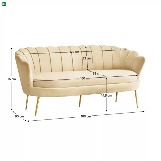 Luxus kanapé, 3 személyes, bézs Velvet szövet/arany, Art-deco, NOBLEO TYP 2