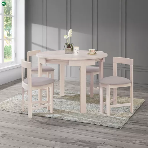 Étkezőgarnitúra 1+4, tömörfa, fehér faminta/szürkésbézs, DOMIO