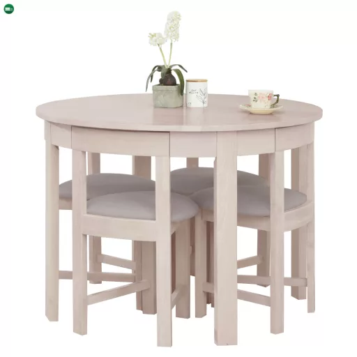 Étkezőgarnitúra 1+4, tömörfa, fehér faminta/szürkésbézs, DOMIO