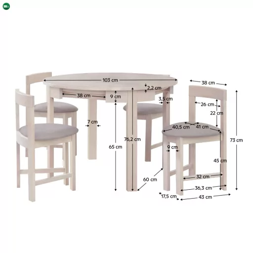 Étkezőgarnitúra 1+4, tömörfa, fehér faminta/szürkésbézs, DOMIO