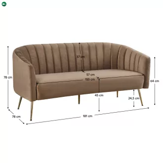   Design 3-as ülés kanapé, barna bársony szövet/arany króm-arany, BAGY