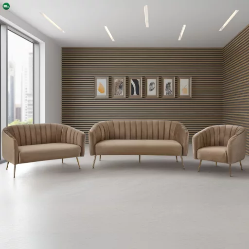 Design 3-as ülés kanapé, barna bársony szövet/arany króm-arany, BAGY