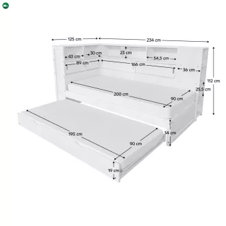 Ágy polcokkal és pótággyal, fehér, 90x200, LENDON