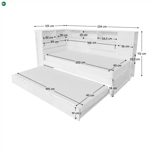 Ágy polcokkal és pótággyal, fehér, 90x200, LENDON