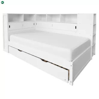 Ágy polcokkal és pótággyal, fehér, 90x200, LENDON