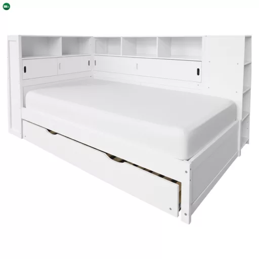 Ágy polcokkal és pótággyal, fehér, 90x200, LENDON