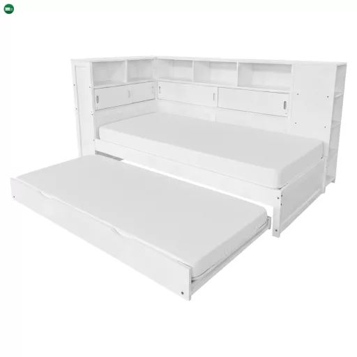 Ágy polcokkal és pótággyal, fehér, 90x200, LENDON