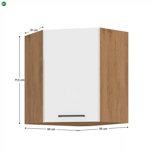 Felső sarokszekrény, fehér extra magas fényű HG/lancelot tölgy, VEGA 58x58 GN-72  1F