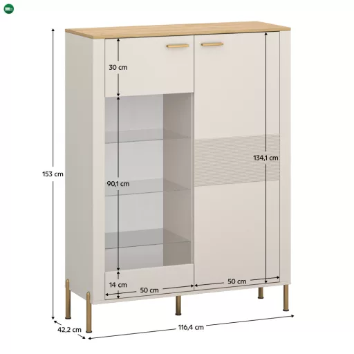 Alacsony vitrin, kasmír/kő tölgy, RUNOL 1D1W