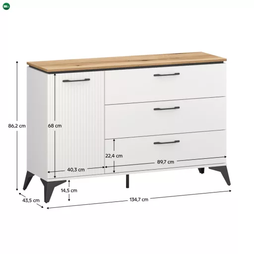 Komód, fehér/evoke tölgy, VELIS 1D3S