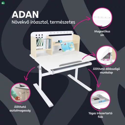 Növekvő íróasztal, természetes/fehér, ADAN