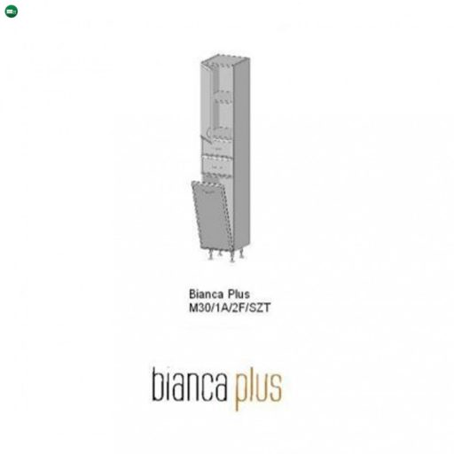Bianca Plus 30 magas szekrény 1 ajtóval, 2 fiókkal, szennyestartóval, magasfényű fehér színben, jobbos