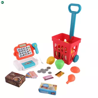   Játék bolti pénztárgép tele bevásárlókocsival, 32 db-os