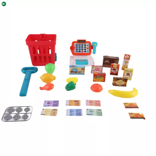 Játék bolti pénztárgép tele bevásárlókocsival, 32 db-os