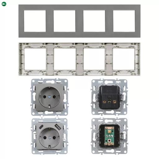 Nova IV kettő dugalj kettő USB csatlakozóval szürke szálcsiszolt kerettel