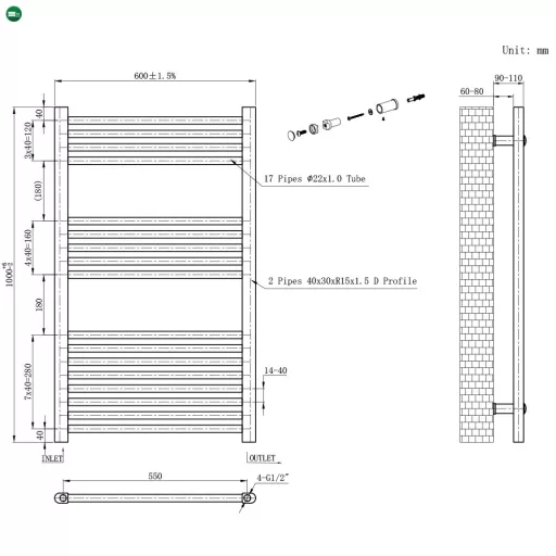 Egyenes törölközőszárító radiátor 1000x600 mm fehér