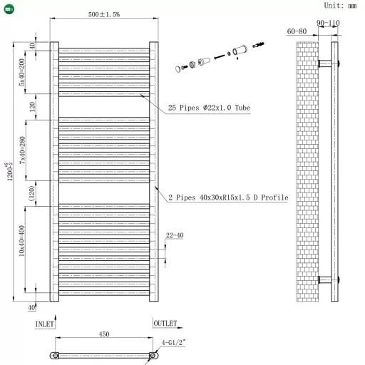 Egyenes törölközőszárító radiátor 1200x500 mm fekete