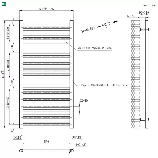 Egyenes törölközőszárító radiátor 1200x600 mm fekete