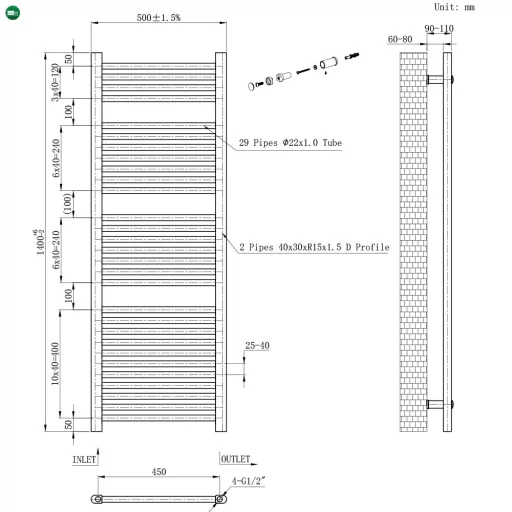 Egyenes törölközőszárító radiátor 1400x500 mm fehér
