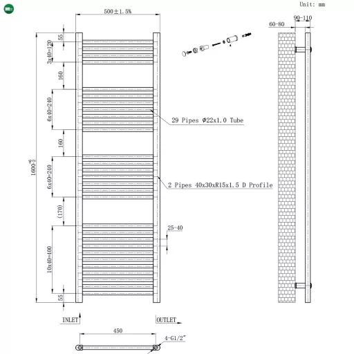 Egyenes törölközőszárító radiátor 1600x500 mm fekete