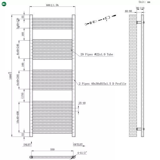 Egyenes törölközőszárító radiátor 1600x600 mm fekete