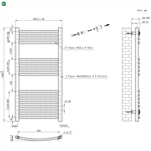 Íves törölközőszárító radiátor 1000x500 mm fekete