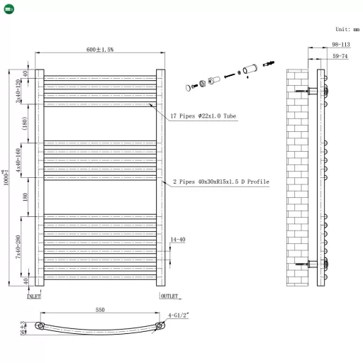 Íves törölközőszárító radiátor 1000x600 mm fekete