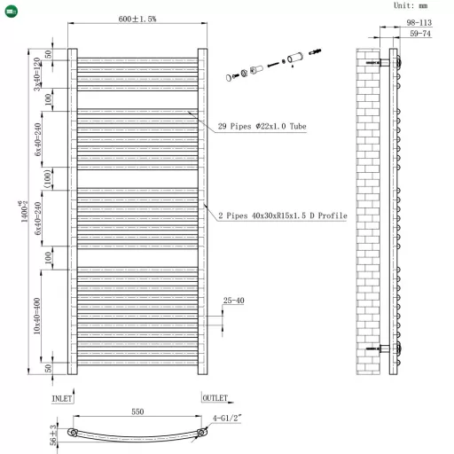 Íves törölközőszárító radiátor 1400x600 mm fekete
