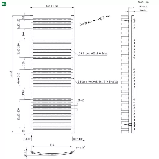 Íves törölközőszárító radiátor 1600x600 mm fekete
