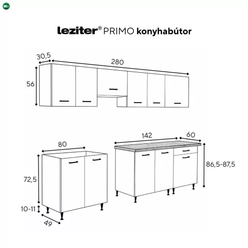 Primo 280 konyhabútor fehér, chromix munkalappal