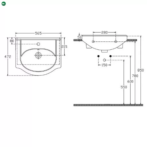 V55 szárnyas kerámia mosdó 55x42 cm