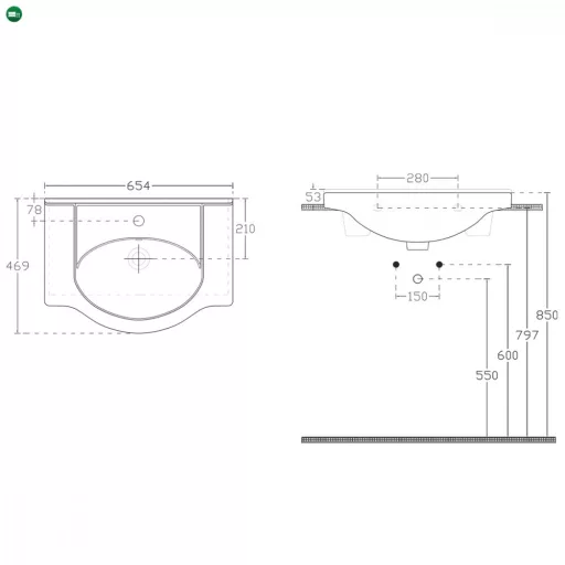 V65 szárnyas kerámia mosdó 65x43 cm