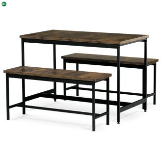   Étkezőgarnitúra 1 asztal +2 pad, asztal mérete 110x60x75, pad mérete 98x30x47, MDF, Öregtölgy színben. Nem víz és Uv álló.
