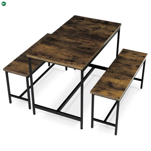 Étkezőgarnitúra 1 asztal +2 pad, asztal mérete 110x60x75, pad mérete 98x30x47, MDF, Öregtölgy színben. Nem víz és Uv álló.