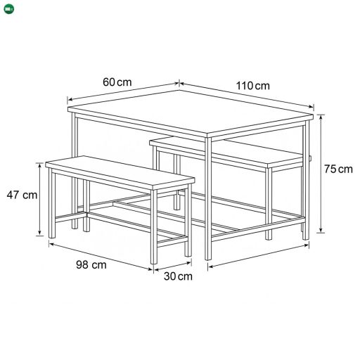 Étkezőgarnitúra 1 asztal +2 pad, asztal mérete 110x60x75, pad mérete 98x30x47, MDF, Öregtölgy színben. Nem víz és Uv álló.